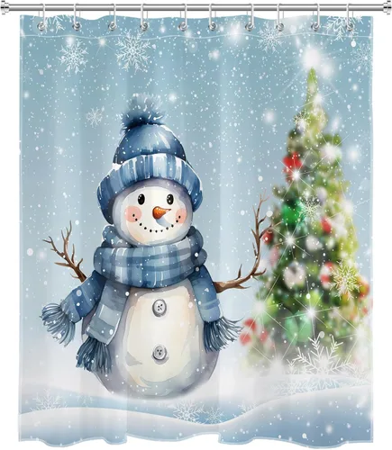 Miniatura 2 de LB Cortina de ducha de muñeco de nieve azul para baño, árbol de Navidad y copo de nieve en invierno con ganchos, juego de cortina de baño