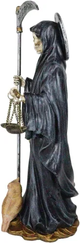 Ebros Gift Figura de Santa Muerte de pie con guadaña y escalas de justicia con búho sabio de 10.25 pulgadas de alto, hueso de la muerte sagrada,