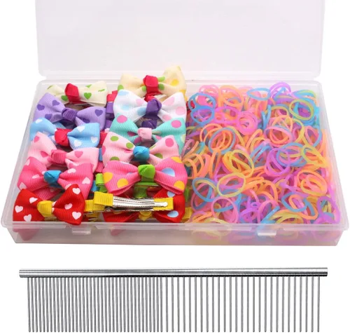 Miniatura 15 de YOY 20 adorables lazos para el pelo de perro con clips y 1000 bandas de goma y 1 peine de acero para peluquería, nudo superior de cachorro, moño