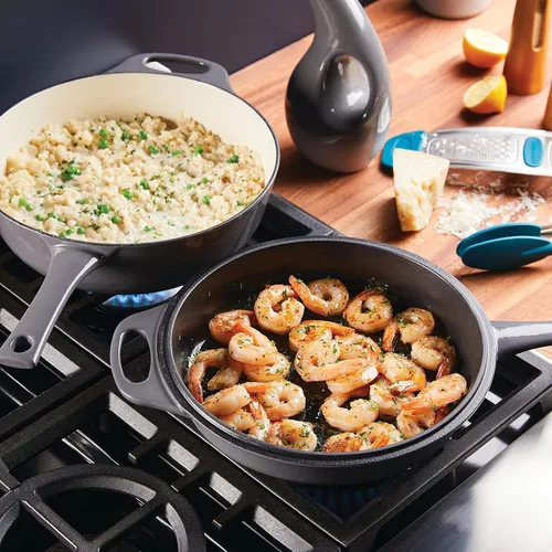 Miniatura 3 de Rachael Ray Horno holandés 3 en 1 de hierro fundido esmaltado con sartén/salteado, 4 cuartos de galón, gris