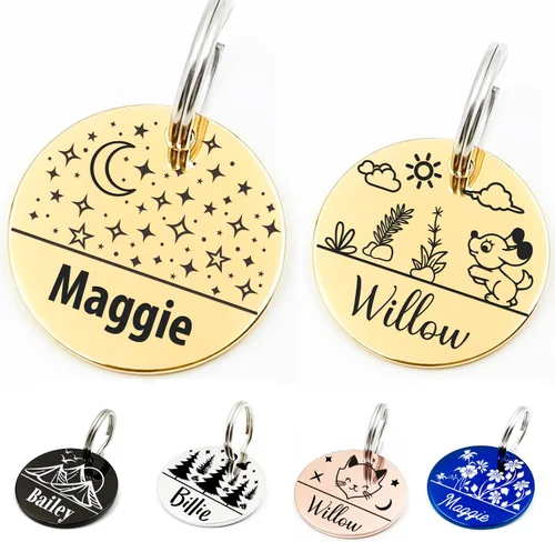 Miniatura 7 de Bonita placa de identificación de mascotas de acero inoxidable grabada en ambos lados, etiquetas personalizadas para gatos y perros para colgante