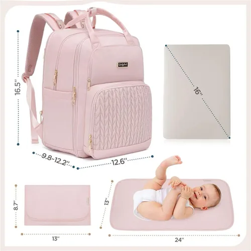 Miniatura 6 de Qualyphant Mochila de pañales extra grande – Bolsa de pañales para 2 niños gemelos (expandible 30L-38L) – Bonita mochila de viaje para bebé con Rosa