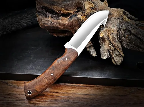 Miniatura 5 de Cuchillo de gancho de acero D2 hecho a mano - Hoja fija de espiga completa con mango de madera y funda de cuero - Cuchillo afilado para desollar
