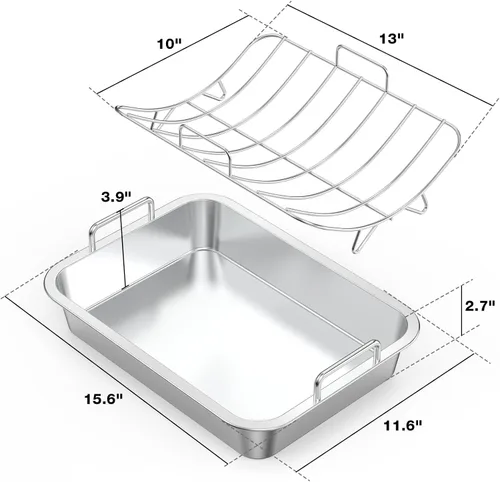 Miniatura 2 de Onlyfire Sartén para asar con estante en U – Asador de acero inoxidable para hornear, sartén rectangular de lasaña de pavo de 16 pulgadas para asar