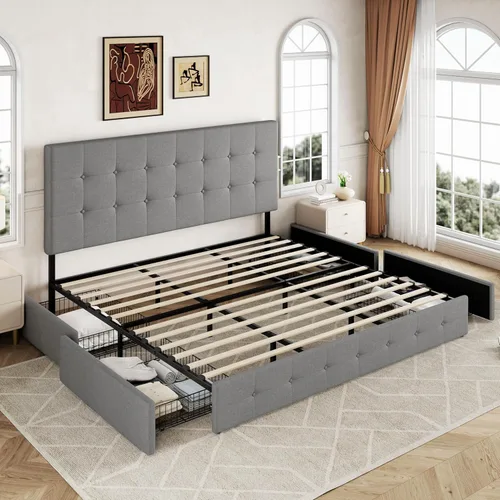 Miniatura 8 de Allewie - Base de cama con plataforma de tamaño King totalmente tapizada, con 4 cajones de almacenamiento y cabecera, diseño cosido en cuadrados