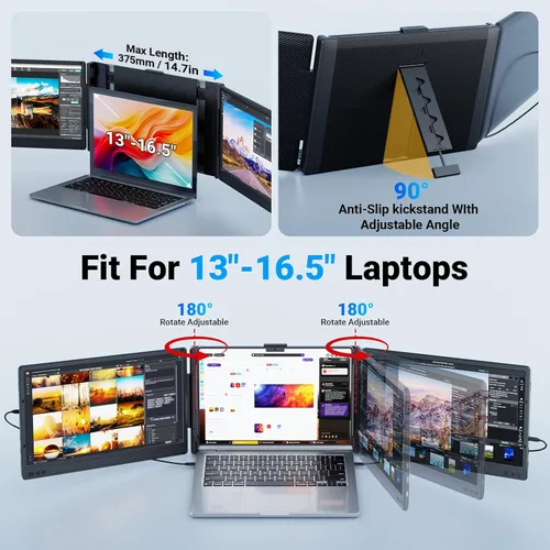 Miniatura 6 de Ygretyrjh Extensor de pantalla para laptop, monitor portátil triple de 14 pulgadas para laptop, monitores extensores de pantalla FHD IPS 1080P