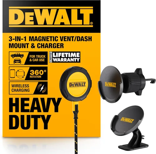 DEWALT Soporte magnético para teléfono para kit de automóvil, cargador inalámbrico resistente, soporte de ventilación, montaje en tablero, soportes