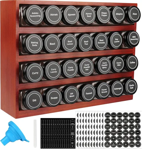 Organizador de especias de bambú con 28 tarros de especias, 780 etiquetas, estante colgante de madera de 4 niveles, marcador de tiza y juego de