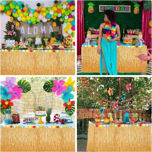 Miniatura 7 de PHOGARY Luau - Falda de mesa de hierba de 9 pies (mejorado) para decoraciones de fiesta hawaiana, flecos de hierba falsa con flores de hibisco