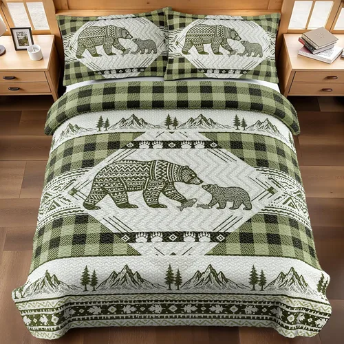 Miniatura 12 de Juego de 3 piezas de colcha tamaño King para cabaña, reversible, navideño, rústico, de microfibra, suave, ligera, de granja, con 2 fundas de 2-Oso
