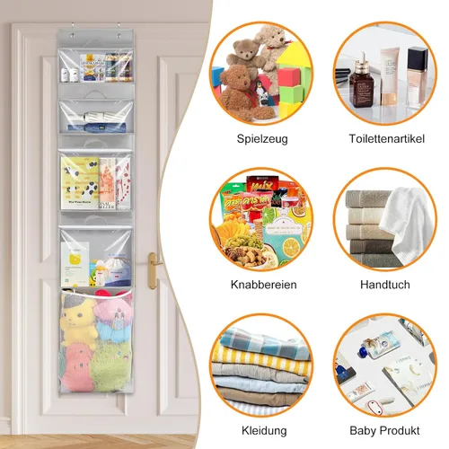 Miniatura 8 de Woodoulogy Organizador y almacenamiento para colocar sobre la puerta, soporte de juguetes colgante con 4 bolsas extraíbles transparentes, funda