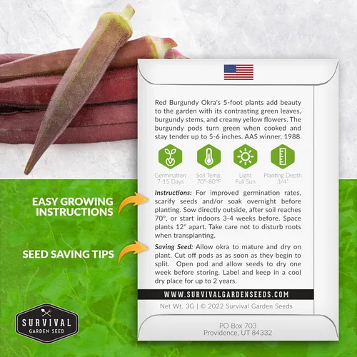 Miniatura 2 de Survival Garden Seeds - Semilla de Okra rojo burdeos para plantar - Paquete con instrucciones para plantar y cultivar vainas tiernas de Okra Borgoña