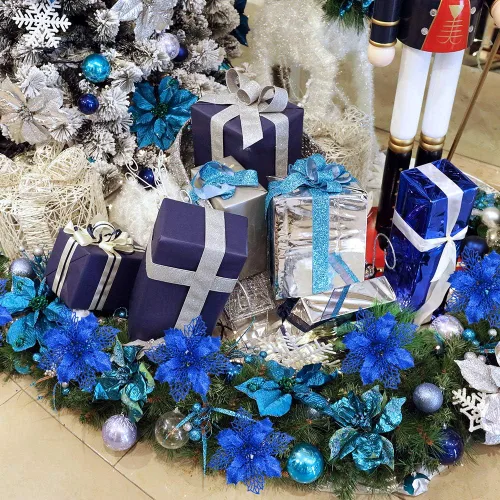 Miniatura 5 de 24 piezas de palitos de flores de Pascua artificiales de hojas de acebo de malla azul con purpurina, adornos para árbol de 5.9 pulgadas de ancho