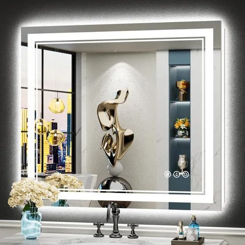 Miniatura 20 de 30x36 Espejo de baño LED con luces, retroiluminado y luz frontal, espejo de tocador iluminado antivaho para pared de baño, 3 colores, regulable
