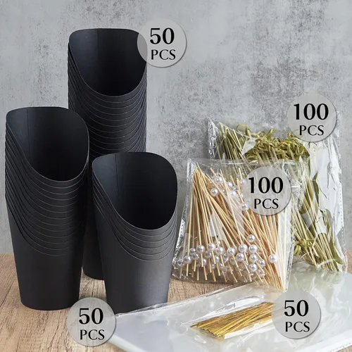 Miniatura 3 de Ocmoiy Tazas de Charcutería con Palillos y Bolsas, Negras Desechables de Papel Kraft de 14 oz, Tazas de Aperitivo Individuales para Fiestas