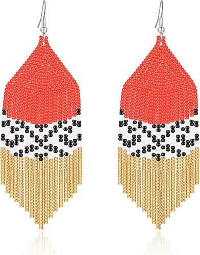 MJartoria Aretes largos de borla con cuentas para mujer, aretes bohemios, aretes colgantes vintage, aretes nativos hechos a mano, aretes coloridos