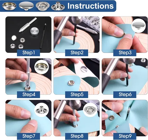 Miniatura 5 de Kit de 150 piezas de lona a presión con 2 herramientas de ajuste – Kit de cierre de botón de lona de acero inoxidable de grado marino de 3/8