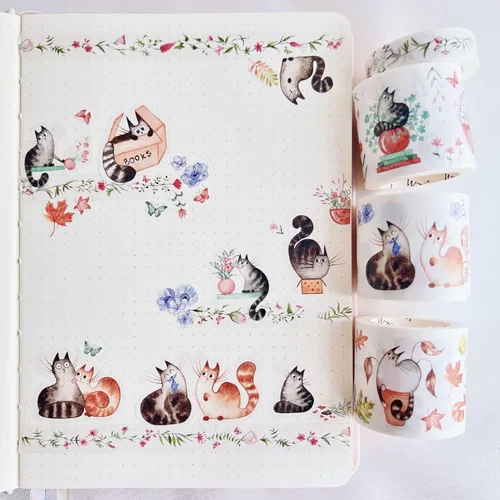 Miniatura 5 de WT Chonky Cat Washi - Juego de calcomanías de cinta Washi, 4 rollos, diseños originales, calcomanía decorativa de acuarela de lindo gato, calcomanía
