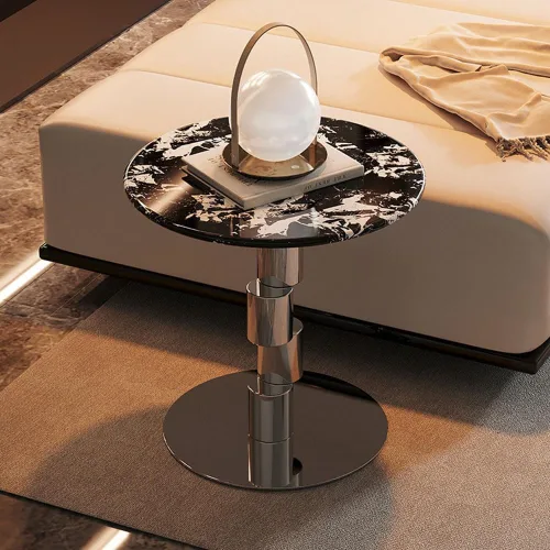 Miniatura 6 de Mesa auxiliar redonda, mesa auxiliar con patrón de mármol, mesa de centro moderna, mesa de consola con base de acero inoxidable, mesa de cóctel