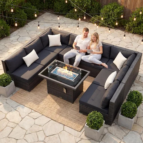 Miniatura 31 de NICESOUL Juego de muebles de patio para exteriores de 7 piezas con mesa para hoguera, gas natural y propano convertible, respaldo alto de 29.3