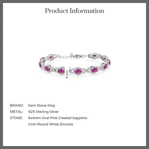 Miniatura 5 de Gem Stone King Pulsera de tenis de plata de ley 925 ovalada con zafiro creado en rosa para mujer
