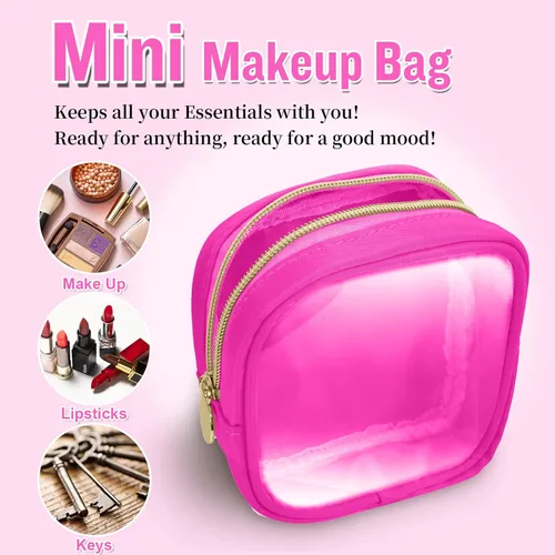 Miniatura 4 de izuzta Bolsa de Maquillaje Pequeña de Nylon, Linda Bolso Preppy, Bolsa de Cosméticos con Cremallera, Rosa fuerte, Mini 2-Rosa fuerte