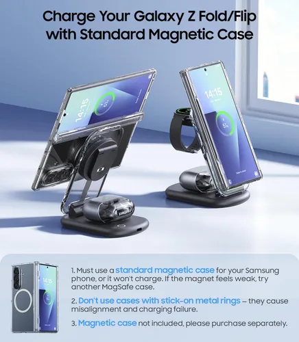 Miniatura 8 de Meifigno Estación de carga inalámbrica magnética 3 en 1 para Samsung, soporte de cargador MagSafe plegable con luz nocturna conmutable para Galaxy