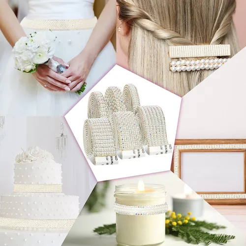 Miniatura 4 de WILLBOND Tiras de diamantes de imitación de perlas de 5.28 yardas de diamantes de imitación blancos autoadhesivos de imitación para bodas, fiestas