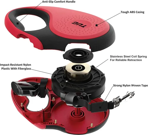 Miniatura 3 de TUG - Correa retráctil 360º para perros, libre de enredos, mango antideslizante, nailon resistente de 16 pies, freno de una sola mano, pausa y Rojo