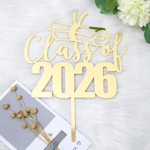 Miniatura 7 de Decoración acrílica para tartas de clase 2026 con espejo, felicitaciones graduadas, decoraciones de fiesta de graduación con purpurina dorada