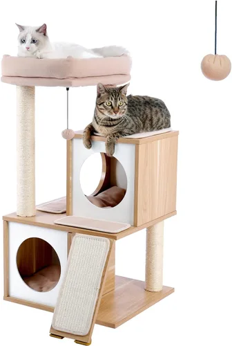 PAWZ Road Árbol para gatos de 35 pulgadas en madera con condominios dobles, percha espaciosa, postes de rascar de sisal completamente envueltos y