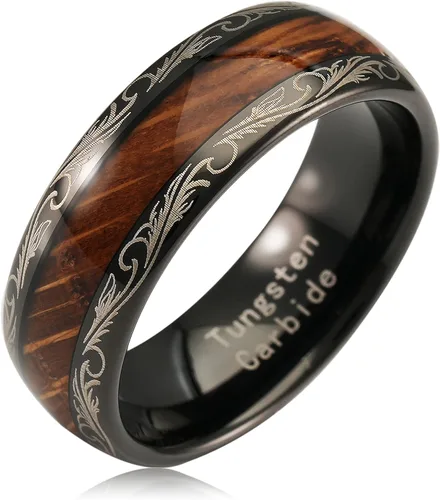 100S JEWELRY Anillos de tungsteno para hombres y mujeres con incrustación de barril de whisky, estilo vintage, diseño barroco, hoja, negro, anillo
