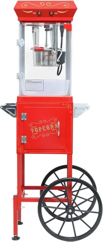Máquina de palomitas de maíz vintage con carrito, carrito de palomitas de maíz de 6 onzas, máquina para hacer palomitas de maíz con gabinete de Rojo