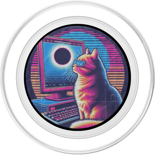 Miniatura 2 de Eclipse solar de gato - Synthwave Retro Poster Style PopSockets MagSafe PopGrip para iPhone