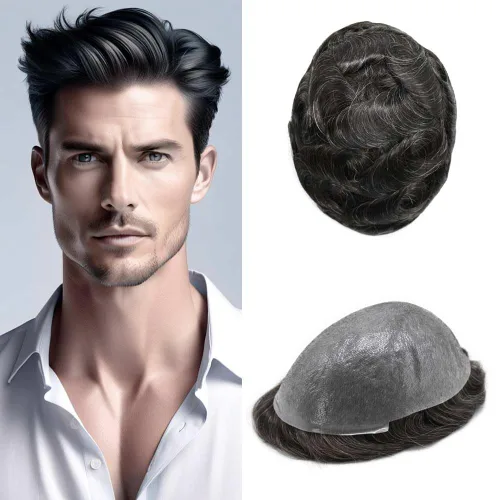 Miniatura 67 de Tupé para hombre, extensiones de cabello humano Remy para hombre, piel fina, 0.002 in, sistema de reemplazo de cabello con bucle en V para hombres
