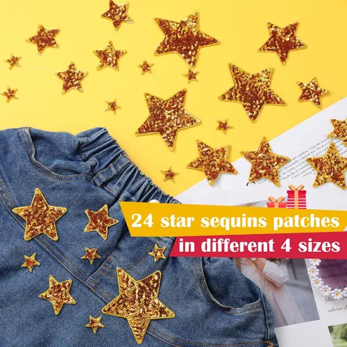 Miniatura 5 de Daifunli 24 Parches de Lentejuelas Termoadhesivos en 4 Diseños de Parches Decorativos Bordados Brillantes para Ropa, Bolsos, Chaquetas, Jeans, Dorado