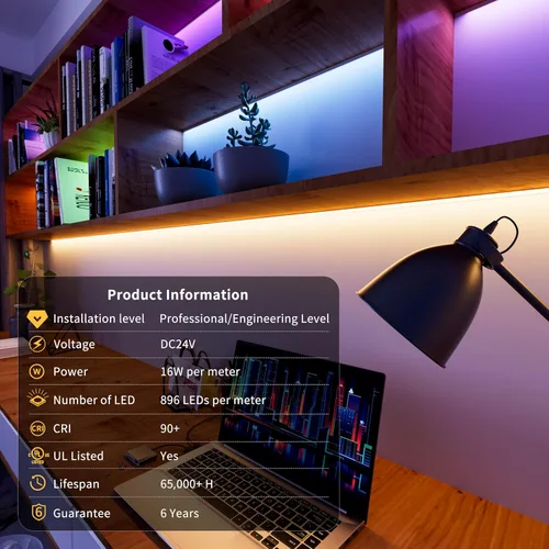 Miniatura 7 de PAUTIX COB - Tira de luces LED, RGBW luces LED RGB+2700K blanco cálido, certificación UL, sin puntos, 24 V, cinta LED que cambia