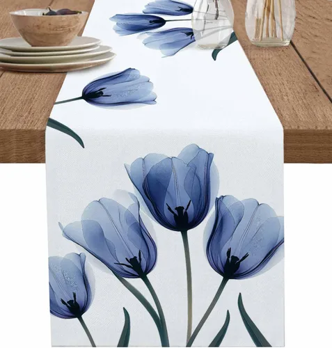 Camino de mesa floral de tulipán azul, algodón y lino, pequeñas bufandas de 36 pulgadas, diseño rústico de flores para cocina, café, mesa de