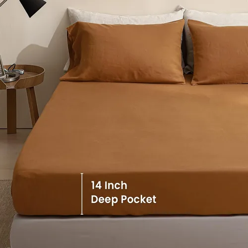 Miniatura 4 de Sábana bajera ajustable 100% lino lavado a la piedra, color sólido (1 pieza) funda de colchón de 14 pulgadas de profundidad, suave, natural, Óxido