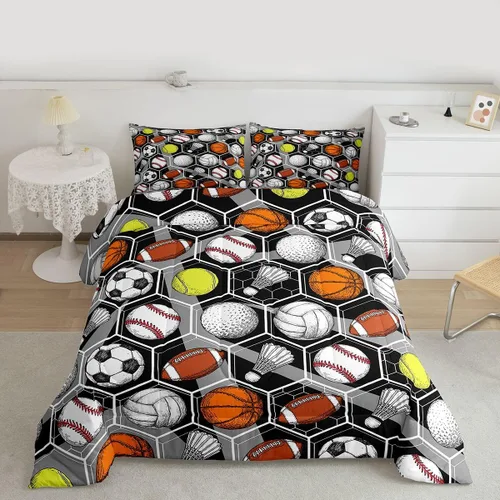 Miniatura 2 de Juego de ropa de cama de juegos de pelota, juego de edredón de baloncesto y fútbol, hexagonal, geométrico, deportivo, de plumón, béisbol, tenis