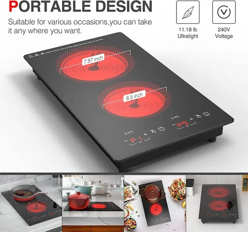 Miniatura 5 de Placa de cocina eléctrica, 2 quemadores, estufa eléctrica de 3000 W, enchufe de 12 pulgadas, encimera de quemador de 220 a 240 V y 9 niveles