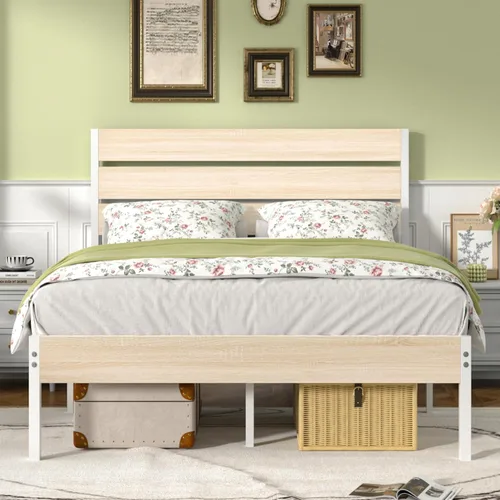 Miniatura 20 de VECELO Base de cama tamaño individual, plataforma de metal resistente con cabecera de madera, no necesita somier, color marrón antiguo