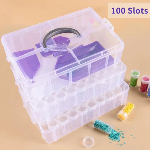 Miniatura 4 de QUEFE Contenedor de almacenamiento de pintura de diamante de 3 niveles, 100 ranuras, organizador de cuentas apilable transparente con accesorios