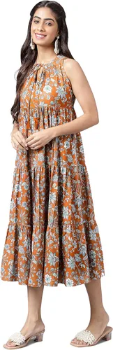 Miniatura 4 de Janasya Vestido escalonado con estampado floral digital de musgo marrón para mujer