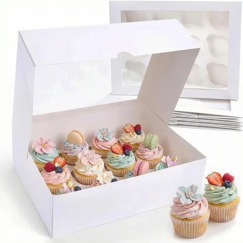 Miniatura 11 de VGOODALL 12 Cajas para Cupcakes, 12PCS Portacupcakes con Ventana Cajas Blancas de Pastelería para Cumpleaños Fiestas Navideñas Suministros