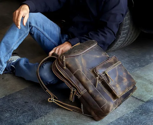 Miniatura 7 de Mochila de cuero vintage para hombre, bolsa para laptop de 16 pulgadas, gran capacidad, viajes de negocios, senderismo, mochila de hombro, mochila
