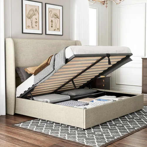 Miniatura 10 de Jocisland - Base de cama tamaño Queen con plataforma de almacenamiento abatible, tapizada en lino, con cabecera abatible moderna/almacenamiento