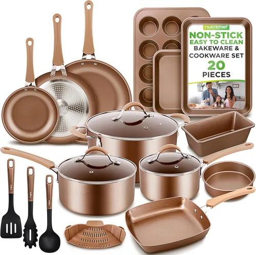 20 piezas utensilios de cocina antiadherentes Nutrichef NCCW20S: bandejas para horno, utensilios, tapas Dorado brillante