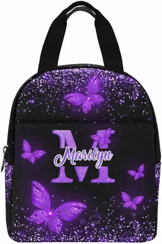 Miniatura 23 de InterestPrint Bolsa de almuerzo con nombre personalizado para hombres y mujeres, diseño de mariposa rosa y azul personalizada, caja de almuerzo