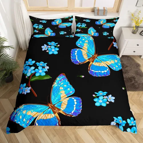 Erosebridal Juego de ropa de cama con diseño de mariposas y flores azules, tamaño individual, funda de edredón floral de acuarela para niños